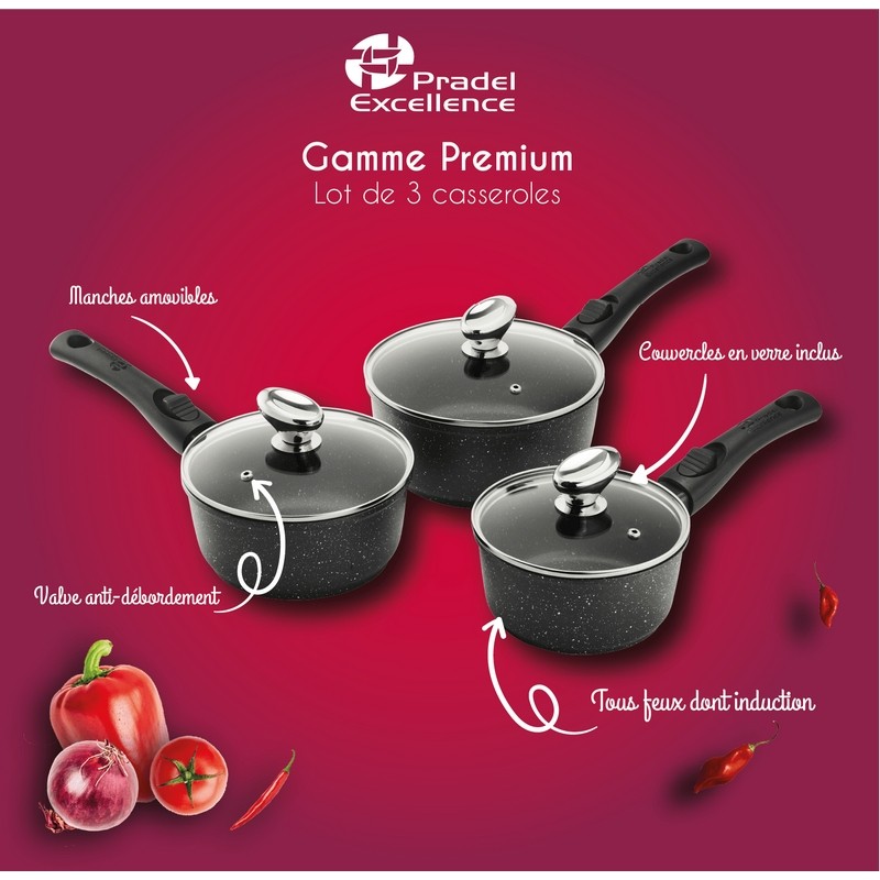 PREMIUM - LOT 3 CASSEROLES 16 / 18 / 20 CM FONTE D'ALUMINIUM MANCHE AMOVIBLE BOITE COULEUR