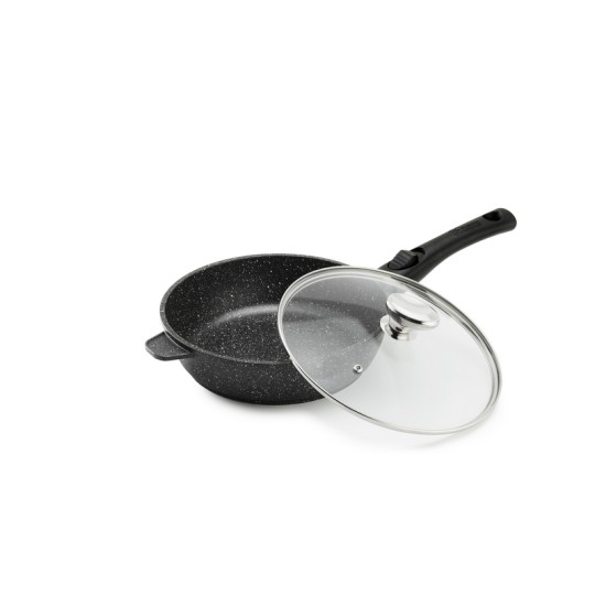 PREMIUM - SAUTEUSE 24 CM FONTE D'ALUMINIUM MANCHE AMOVIBLE AVEC COUVERCLE VERRE BOITE COULEUR