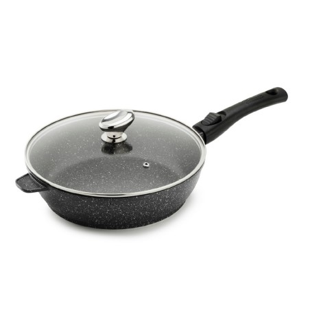 PREMIUM - SAUTEUSE 28 CM FONTE D'ALUMINIUM MANCHE AMOVIBLE AVEC COUVERCLE VERRE BOITE COULEUR