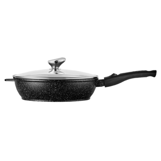 PREMIUM - SAUTEUSE 28 CM FONTE D'ALUMINIUM MANCHE AMOVIBLE AVEC COUVERCLE VERRE BOITE COULEUR