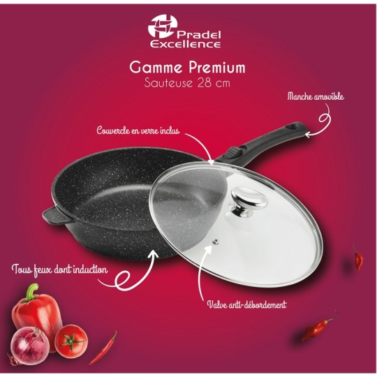 PREMIUM - SAUTEUSE 28 CM FONTE D'ALUMINIUM MANCHE AMOVIBLE AVEC COUVERCLE VERRE BOITE COULEUR