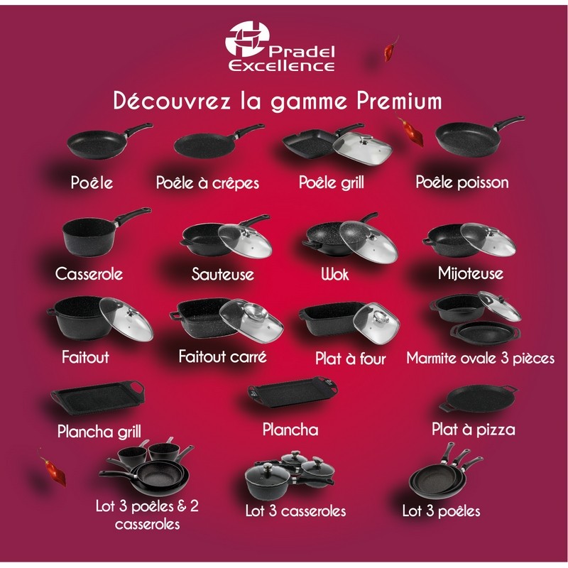 PREMIUM - POELE GRILL 28 x 28 CM FONTE D'ALUMINIUM MANCHE AMOVIBLE AVEC COUVERCLE VERRE BOITE COULEU