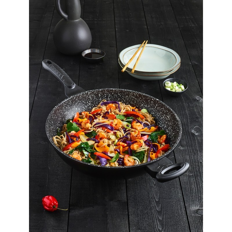 WOK 32 cm AVEC COUVERCLE VERRE FAÇON PIERRE