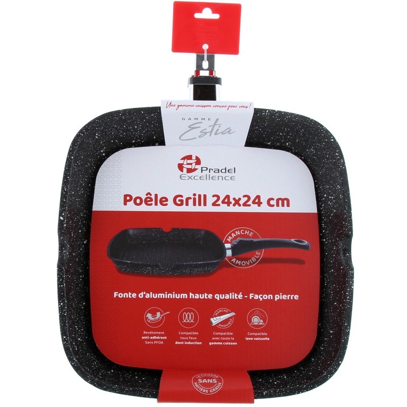 ESTIA POELE GRILL 24 X 24 cm FAÇON PIERRE SANS MANCHE A SUSPENDRE