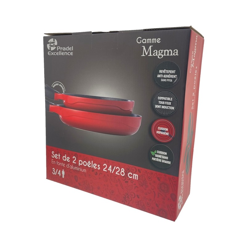 MAGMA - LOT 2 POELES 24 / 28 CM FONTE D'ALUMINIUM MANCHE AMOVIBLE BOITE COULEUR