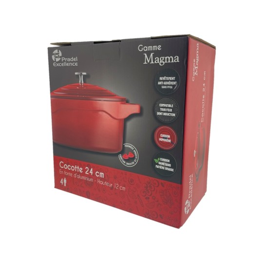 MAGMA - COCOTTE RONDE 24 CM FONTE D'ALUMINIUM AVEC COUVERCLE ALU BOITE COULEUR