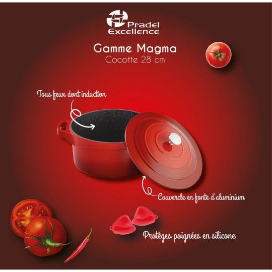 MAGMA - COCOTTE RONDE 28 CM FONTE D'ALUMINIUM AVEC COUVERCLE ALU BOITE COULEUR