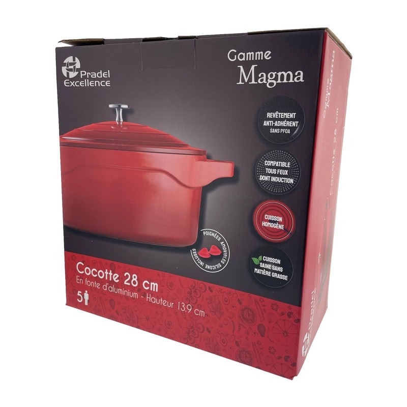 MAGMA - COCOTTE RONDE 28 CM FONTE D'ALUMINIUM AVEC COUVERCLE ALU BOITE COULEUR