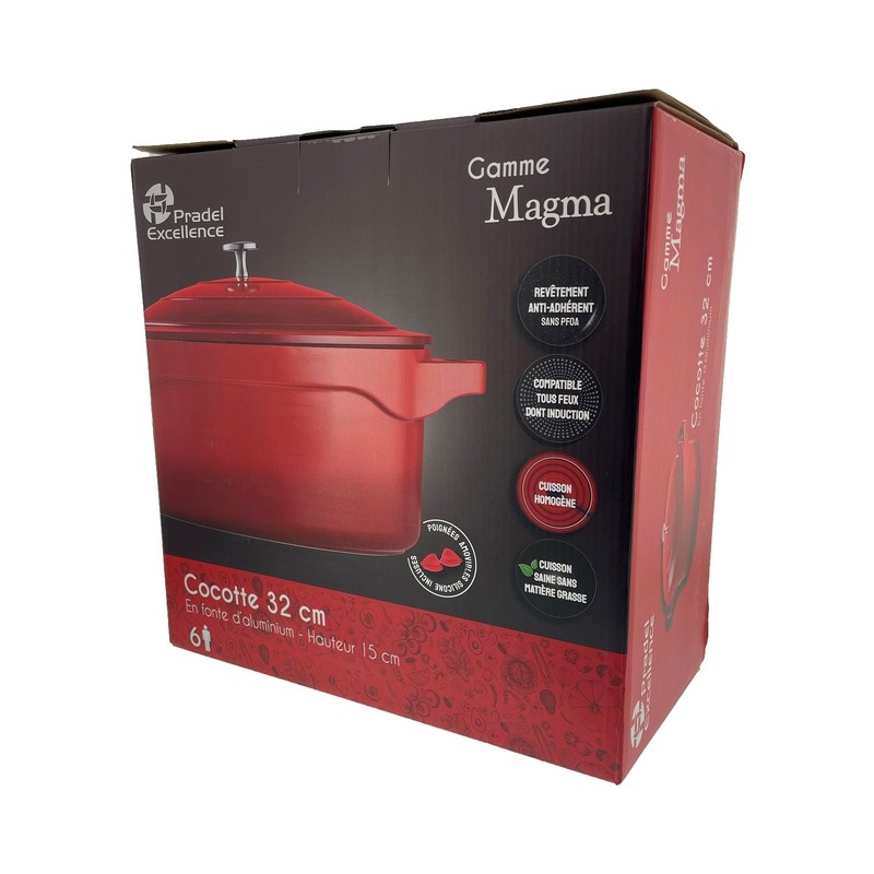 MAGMA - COCOTTE RONDE 32 CM FONTE D'ALUMINIUM AVEC COUVERCLE ALU BOITE COULEUR