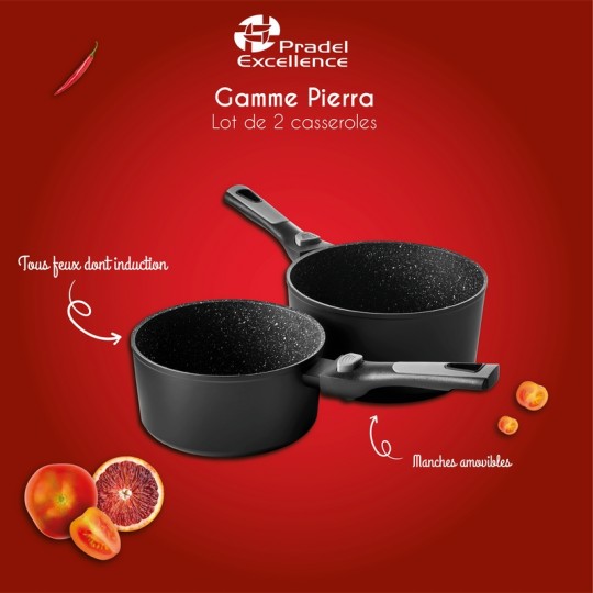 PIERRA SET 2 CASSEROLES 18/20 cm INTERIEUR FAÇON PIERRE EXTERIEUR NOIR