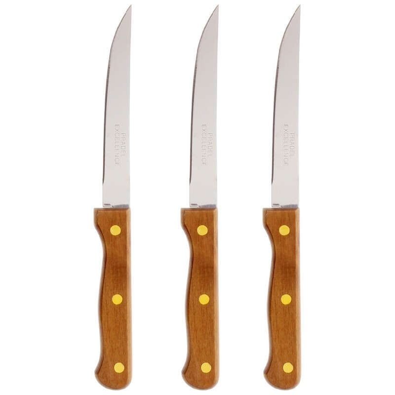 PRADEL - LOT 3 COUTEAUX STEAK 12 CM MANCHES BOIS 3 RIVETS VRAC