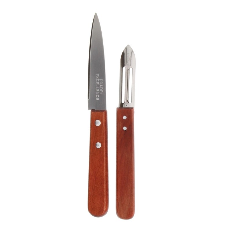 PRADEL - LOT 1 COUTEAU OFFICE 9 CM + 1 EPLUCHEUR 5.5 CM MANCHES BOIS 2 RIVETS VRAC