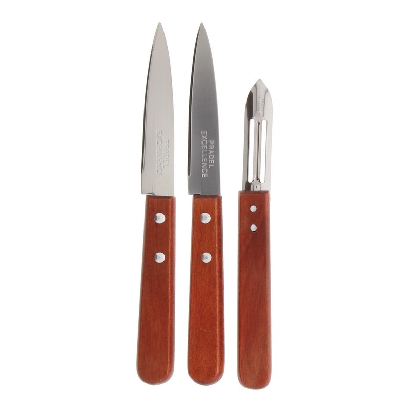 PRADEL - LOT 2 COUTEAUX OFFICE 9 CM + 1 EPLUCHEUR 5.5 CM MANCHES BOIS 2 RIVETS VRAC