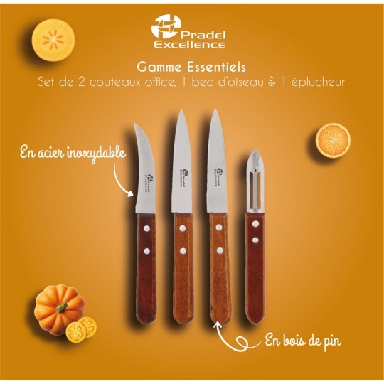 ESSENTIELS - SET 2 COUTEAUX OFFICE 9 CM + 1 BEC D'OISEAU 8 CM + 1 EPLUCHEUR MANCHES BOIS SUR CARTE