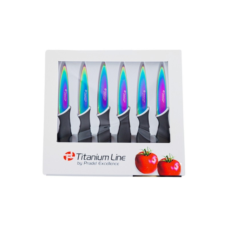 COFFRET 6 COUTEAUX STEAK LAME 10 cm REVETEMENT TITANE