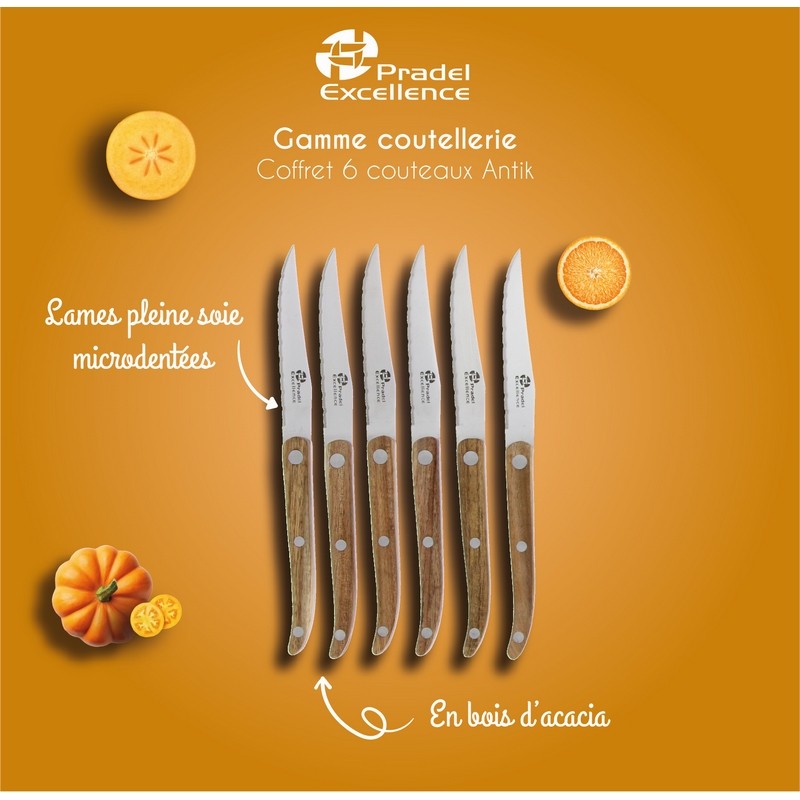 ANTIK COFFRET 6 COUTEAUX STEAK MANCHE ACACIA