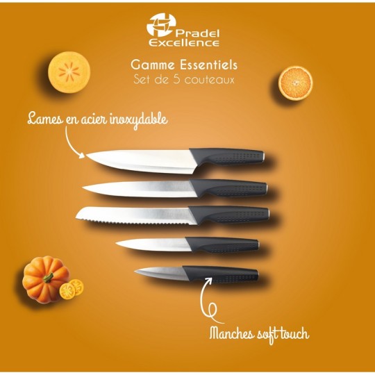 ESSENTIELS - SET 5 COUTEAUX DE CUISINE MANCHE SOFT PP NOIR BOITE COULEUR