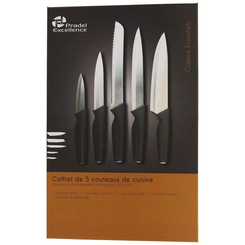 ESSENTIELS - SET 5 COUTEAUX DE CUISINE MANCHE SOFT PP NOIR BOITE COULEUR