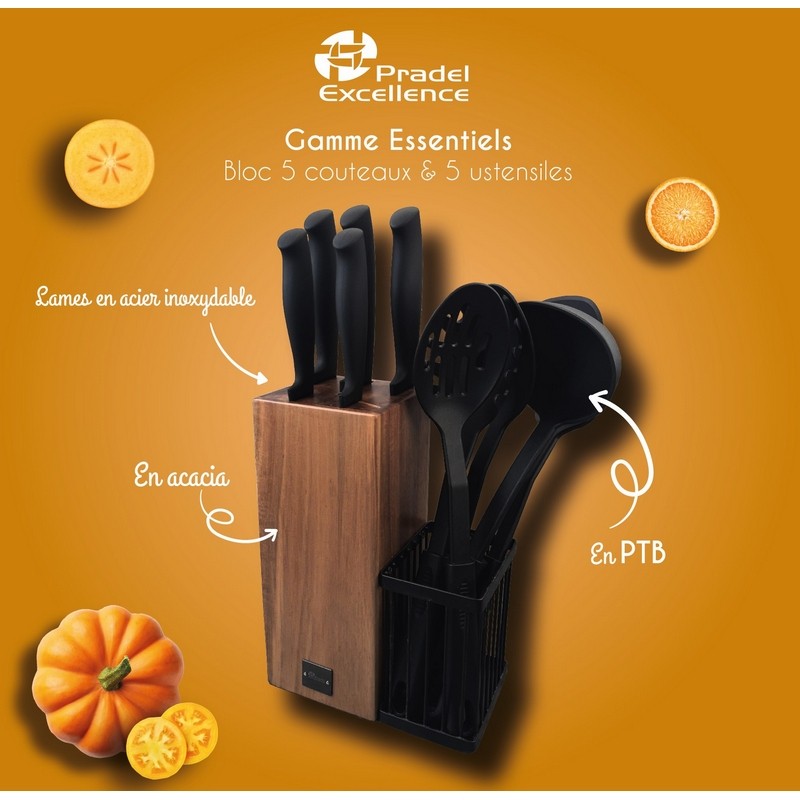 ESSENTIELS - BLOC COUTEAUX ET USTENSILES 10 PIECES MANCHES SOFT PP NOIRS BOITE COULEUR