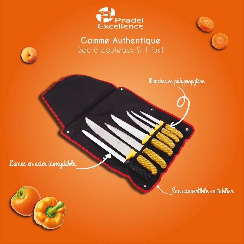 AUTHENTIQUE - 6 COUTEAUX + 1 FUSIL + SAC CONVERTIBLE EN TABLIER BOITE COULEUR