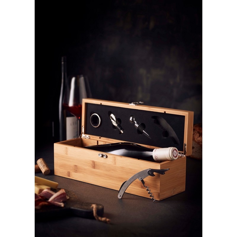 COFFRET SOMMELIER BAMBOU 1 BOUTEILLE AVEC 4 ACCESSOIRES