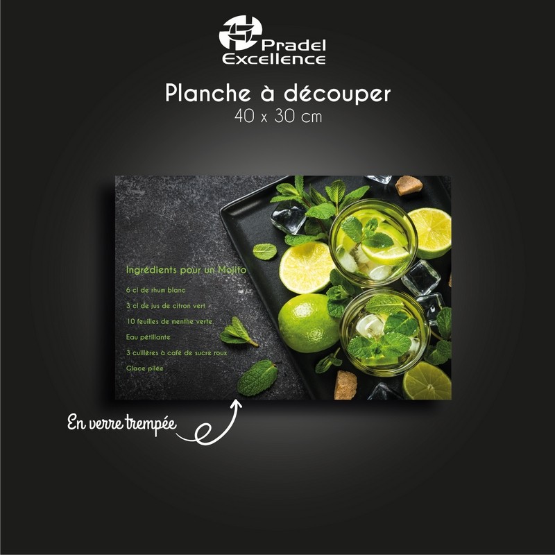 PLANCHE EN VERRE TREMPE - RECTANGLE 40X30CM - MOJITO - BOITE COULEUR