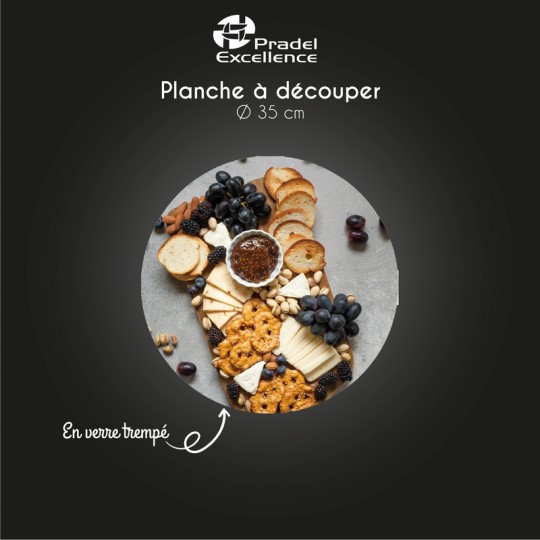 PLANCHE EN VERRE TREMPE - RONDE DIAMETRE 35CM - FROMAGE - BOITE COULEUR