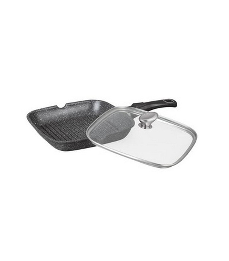 POÊLE GRILL FAÇON PIERRE 24 X 24 cm -  COUVERCLE EN VERRE -  MANCHE AMOVIBLE