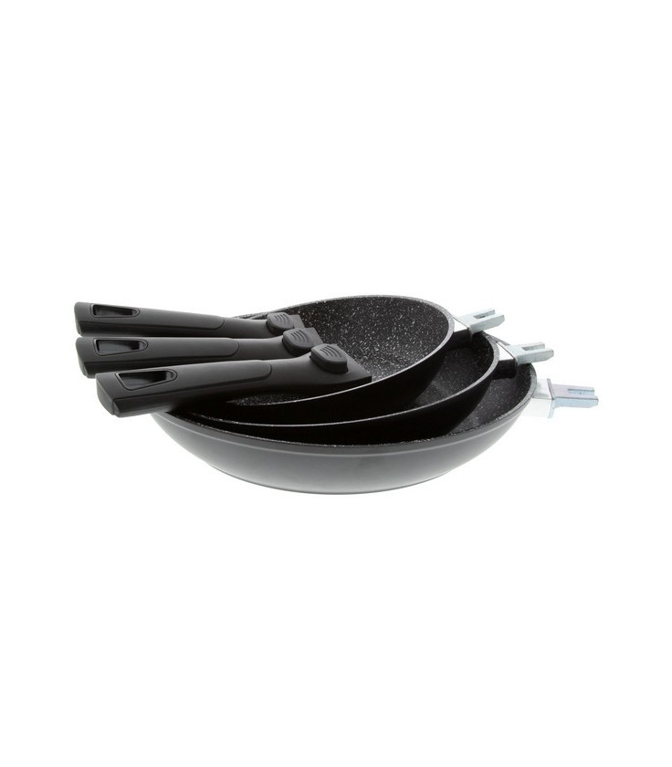 SET 3 POÊLES PIERRA 20/24/28 cm INTÉRIEUR FAÇON PIERRE EXTÉRIEUR NOIR