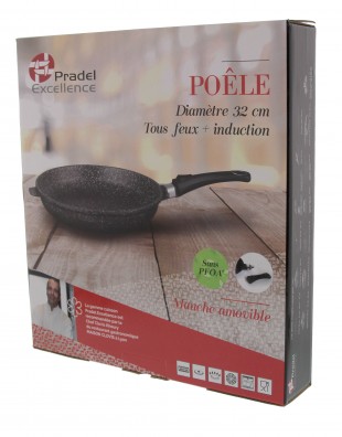 POÊLE FAÇON PIERRE Ø 32 cm FONTE ALU TOUS FEUX + INDUCTION -  MANCHE AMOVIBLE