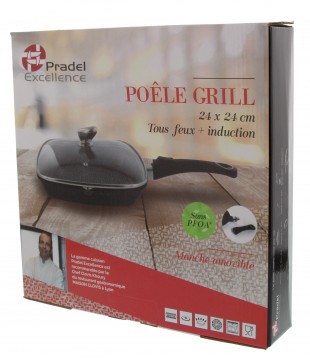 POÊLE GRILL FAÇON PIERRE 24 X 24 cm -  COUVERCLE EN VERRE -  MANCHE AMOVIBLE