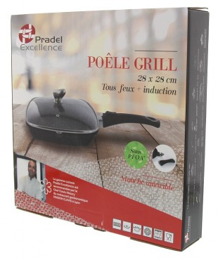 POÊLE GRILL FAÇON PIERRE 28 X 28 cm -  COUVERCLE EN VERRE -  MANCHE AMOVIBLE