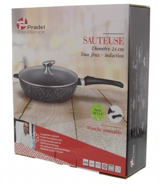 SAUTEUSE FAÇON PIERRE Ø 24 cm FONTE ALU -  COUVERCLE EN VERRE -  TOUS FEUX + INDUCTION -  MANCHE AMOVIBLE