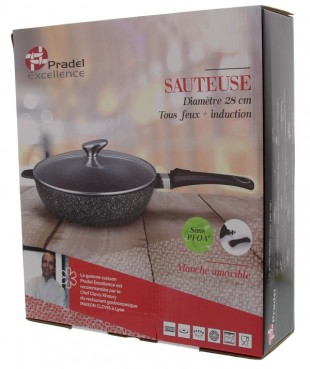 SAUTEUSE FAÇON PIERRE Ø 28 cm FONTE ALU -  COUVERCLE EN VERRE -  TOUS FEUX + INDUCTION -  MANCHE AMOVIBLE