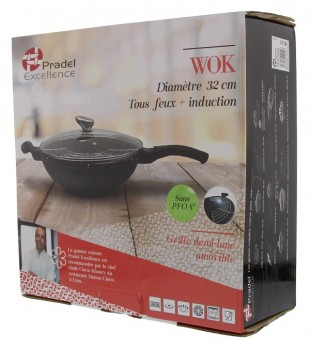 WOK FAÇON PIERRE Ø 32 cm AVEC COUVERCLE EN VERRE -  MANCHE FIXE