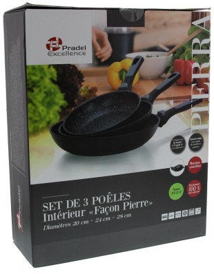 SET 3 POÊLES PIERRA 20/24/28 cm INTÉRIEUR FAÇON PIERRE EXTÉRIEUR NOIR