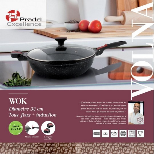 WOK 32 cm VOLNA FAÇON PIERRE MANCHE AMOVIBLE